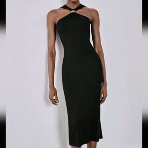 Black Metal Decorative Women Dress, Black Bodycon Pencil Dress, Sexy Split Dress
